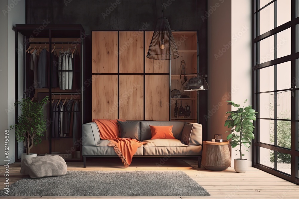 Fototapeta premium Interior of a loft living room with a built-in wardrobe, a wooden floor, and white walls. a cozy couch close to the window. a mockup Generative AI
