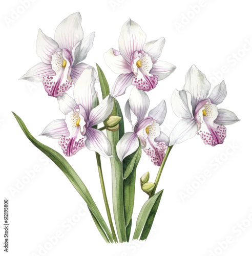 Beautiful white orchid flowers. Hand drawn watercolor painting isolated Generative AI.