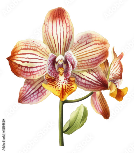 Beautiful Tiger-Stripe Orchid flowers. Hand drawn watercolor painting isolated Generative AI.