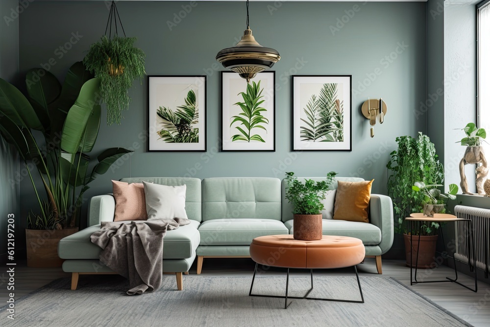Interior design of a contemporary room with plants and frames. Generative AI