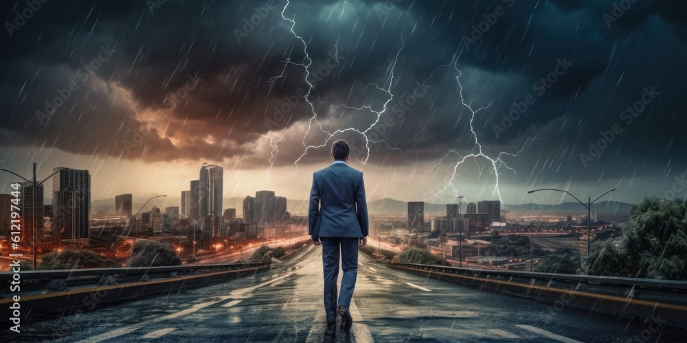 Businessman Determined to Face any Challenge, Cityscape Thunder Storm Background. Generative Ai Businessman Determined to Face any Challenge, Cityscape Thunder Storm Background. Generative Ai