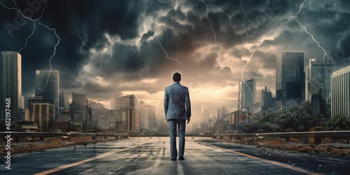 Businessman Determined to Face any Challenge, Cityscape Thunder Storm Background. Generative Ai © CYBERUSS