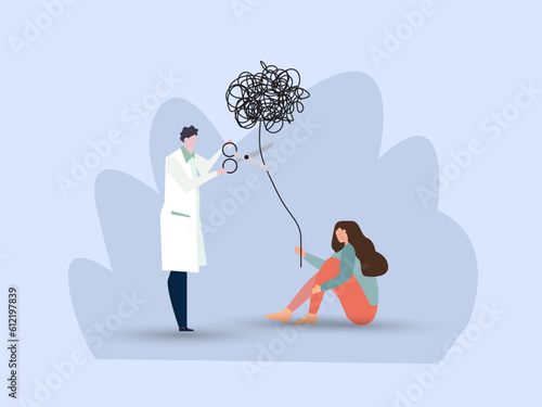 psychologist using scissors to cut chaos messy balloon on patient. reduce anxiety or stress, psychotherapy to cure mental health problem or depression, relief to cure overworked concept.
