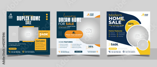 Real estate house property sale social media post square flyer and web banner template