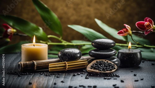 Basalt Stones for Spa Massage, flowers and Candles - Generative AI