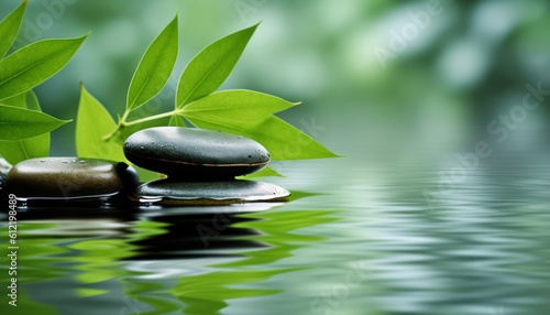 Natural Basalt Stones Submerged in Tranquil Water with Bamboo Leaves Background - Generative AI