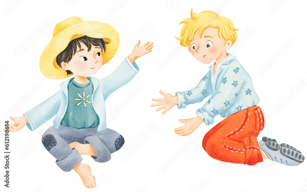 Set Cartoon funny cute illustration. Little boy smiling, standing on his Knees. asian brunette boy in straw hat sits and pointing. Farm Style characters. Isolated digital watercolor elements handmade Set Cartoon funny cute illustration. Little boy smiling, standing on his Knees. asian brunette boy in straw hat sits and pointing. Farm Style characters. Isolated digital watercolor elements handmade
