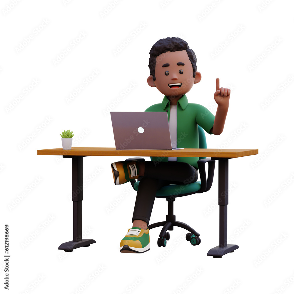 Fototapeta premium 3d male character got an idea while working on a laptop