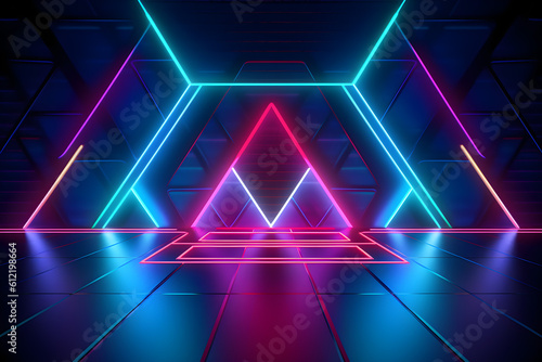 3d render geometric neon background, Generative AI
