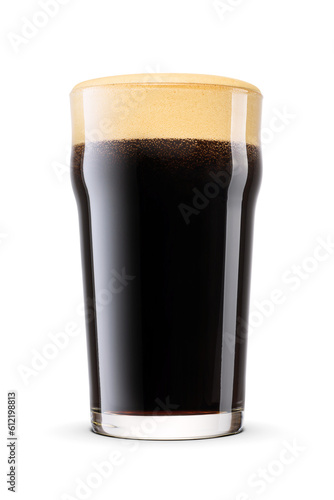 British style imperial pint glass of dark stout beer with cap of foam isolated. Transparent PNG image.