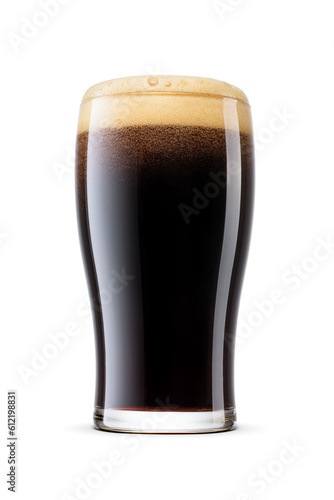 Tulip pint glass of dark stout beer with cap of foam isolated. Transparent PNG image. photo