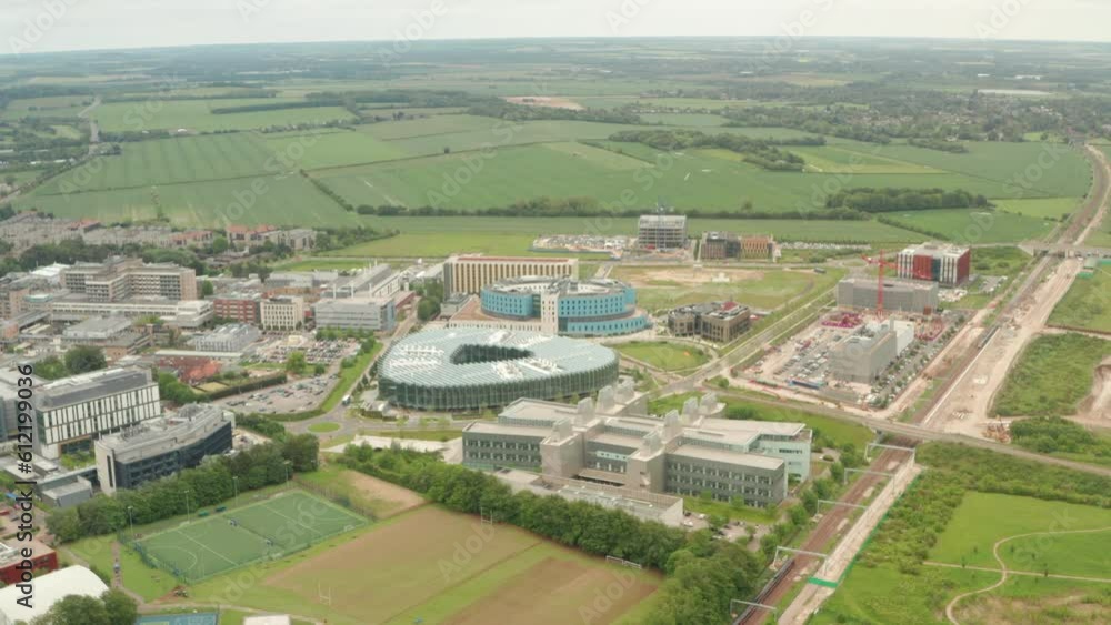 Circling aerial shot over the AstraZeneca building Cambridge Circling aerial shot over the AstraZeneca building Cambridge