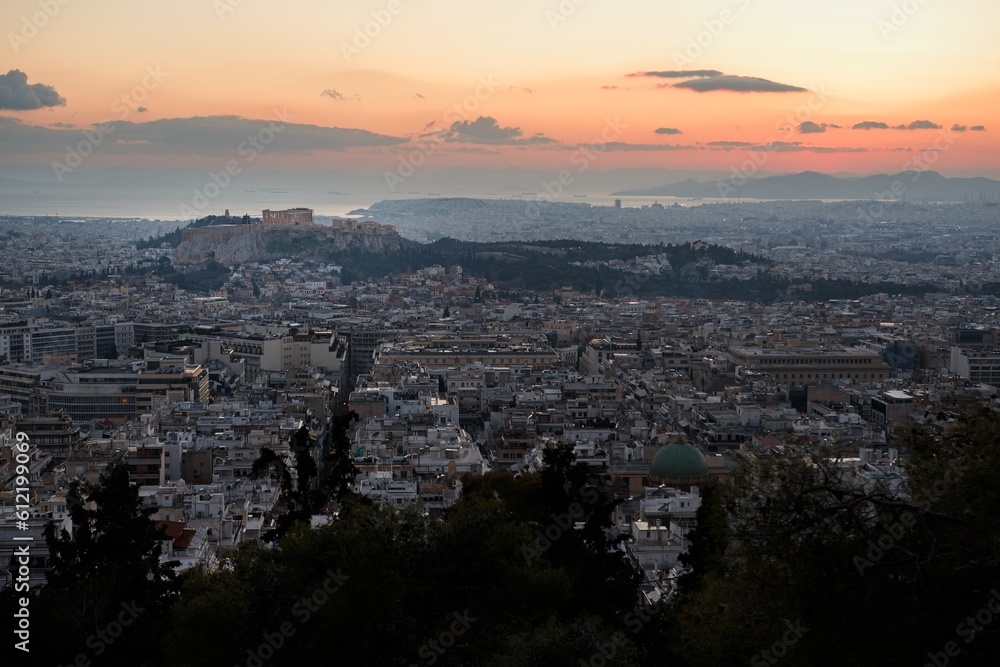 Athens with Acropolis, Parthenon from Lycabettus Hill with sea in background during sunset, sundown, Greek, Europe