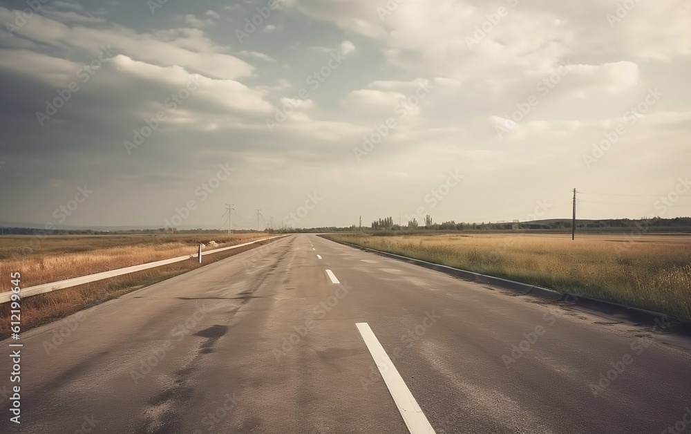 Empty road in the field. Generative AI technology.