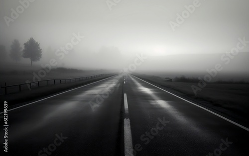 Empty road to the fog. Black and white illustration. Generative AI technology.