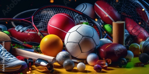 Various Sport Equipment And Many Different Accessories Background. Generative Ai