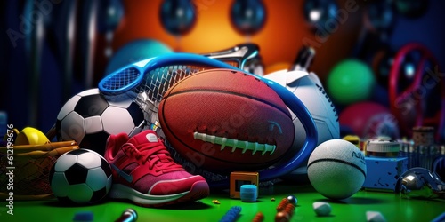 Various Sport Equipment And Many Different Accessories Background. Generative Ai