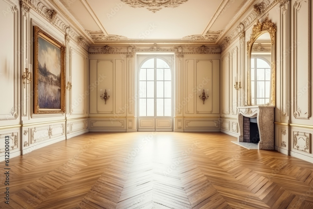 Interior of an empty luxury room with white walls, decorative frames on them, and a wooden floor. Generative AI Interior of an empty luxury room with white walls, decorative frames on them, and a wooden floor. Generative AI