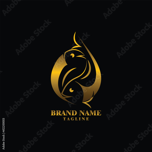 Fish logo design, fish icon combined with drops in gold color concept. vectors