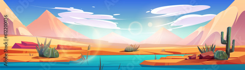 River flowing through Sahara desert. Vector cartoon illustration of hot sandy dunes landscape at sunny day  stones on bank  green cacti plants growing near water  sunlight flaring in air  cloud in sky