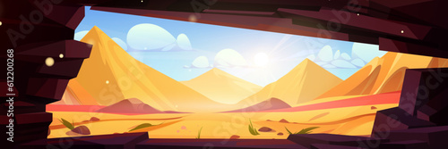 Sandy desert with ancient pyramids, view from dark stone cave. Vector cartoon illustration of antique pharaoh tombs, sand dune landscape under hot summer sun in blue sky. Adventure game background