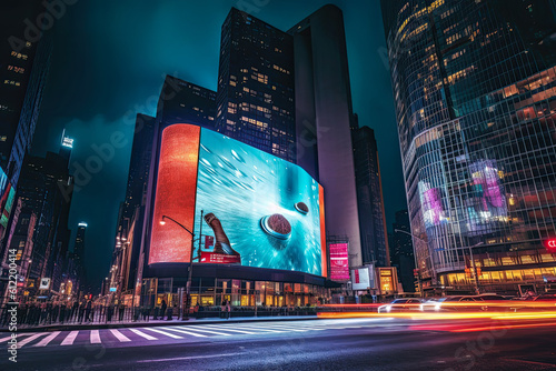 Billboards on a futuristic city scene at night. Concept art with a futuristic vision of advertising