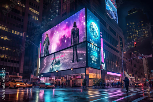 Billboards on a futuristic city scene at night. Concept art with a futuristic vision of advertising photo
