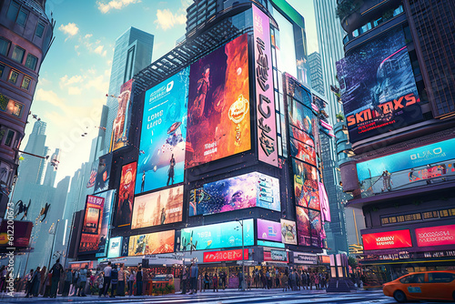 Billboards on a futuristic city scene at night. Concept art with a futuristic vision of advertising