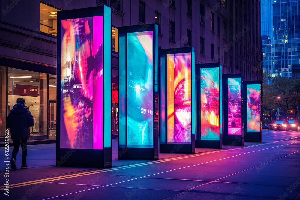 Billboards on a futuristic city scene at night. Concept art with a futuristic vision of advertising Billboards on a futuristic city scene at night. Concept art with a futuristic vision of advertising