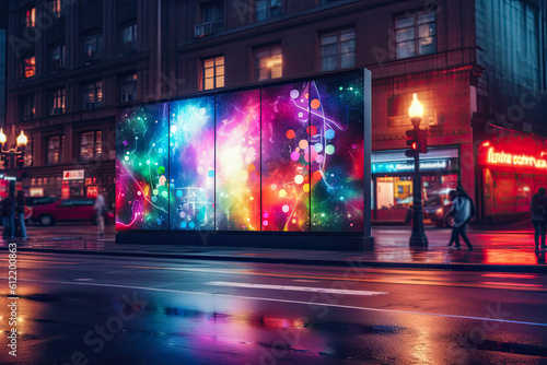 Billboards on a futuristic city scene at night. Concept art with a futuristic vision of advertising