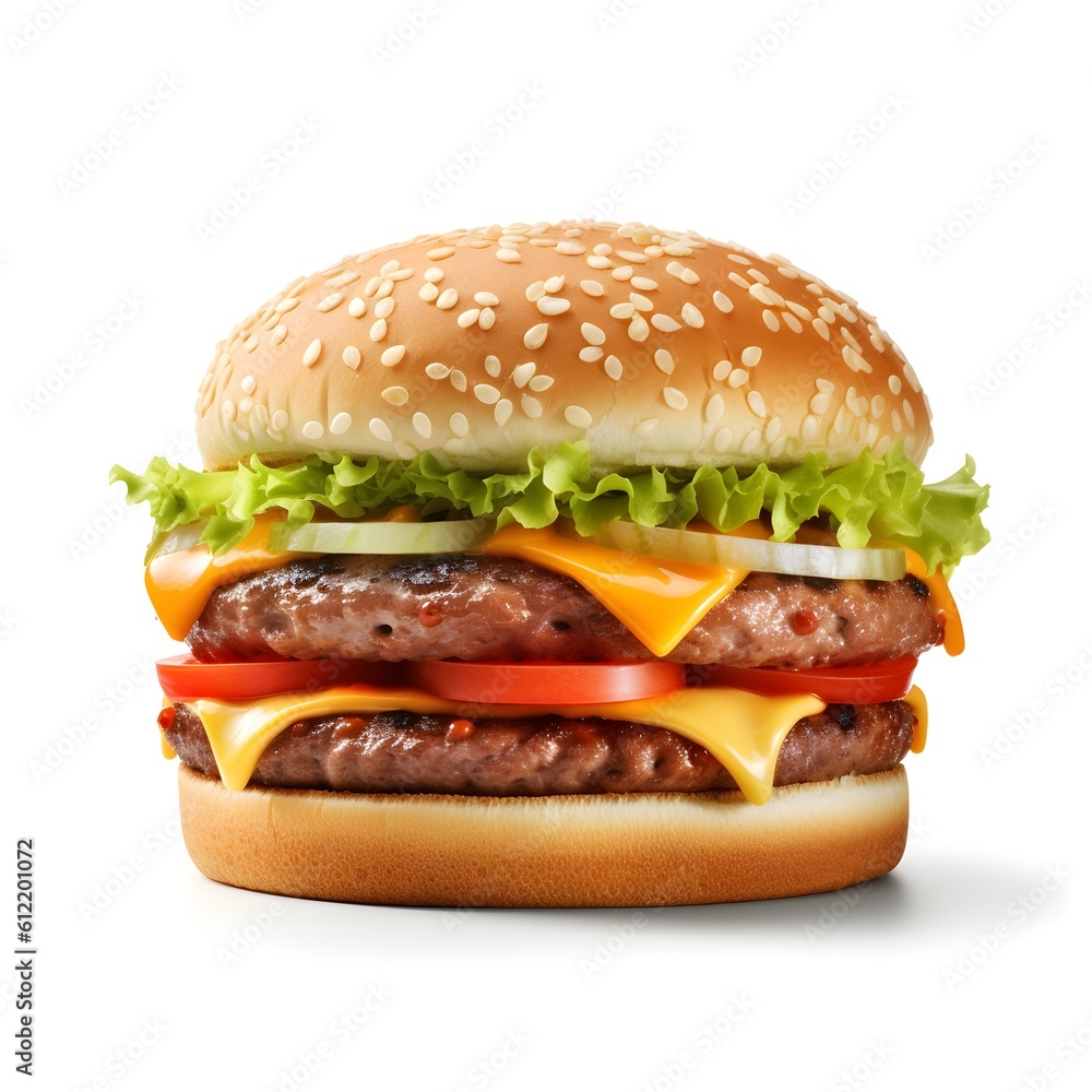 Double Cheeseburger with sesame bun on a white background, generative AI Double Cheeseburger with sesame bun on a white background, generative AI