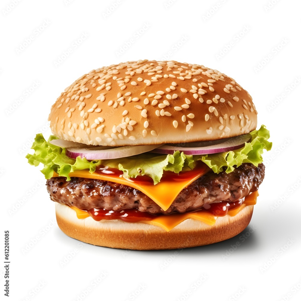 Cheeseburger with sesame bun on a white background, generative AI