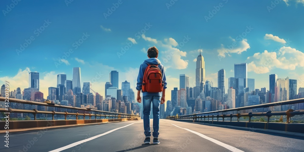Student with Backpack Walk to School Blue Sky Background. Back to School Concept. Generative Ai Student with Backpack Walk to School Blue Sky Background. Back to School Concept. Generative Ai