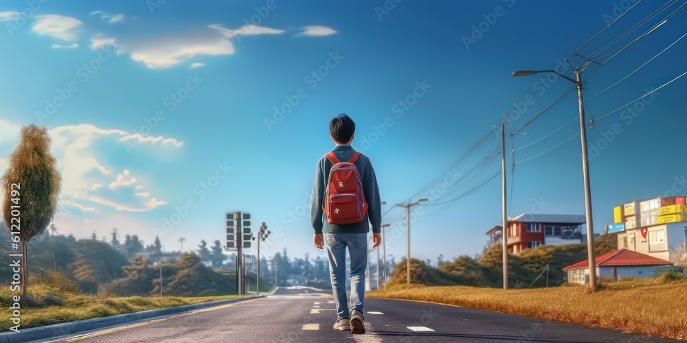 Obraz premium Student with Backpack Walk to School Blue Sky Background. Back to School Concept. Generative Ai