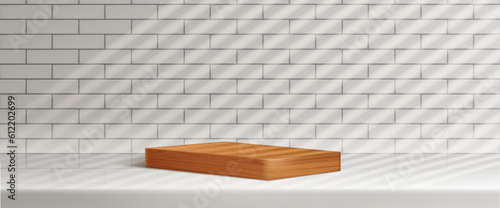 Realistic rectangle wood podium on tiled wall background with sunlight through blinds. Vector illustration of natural oak platform for luxury beauty product presentation, kitchen interior design