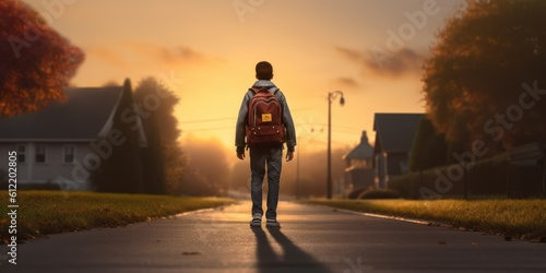 Student with Backpack Walk to School Sunset Background, Back to School Concept. Generative Ai