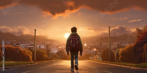 Student with Backpack Walk to School Sunset Background, Back to School Concept. Generative Ai