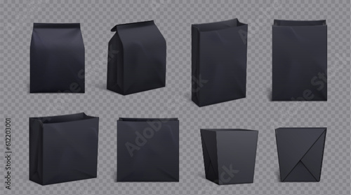 Realistic set of black paper bag and box isolated on transparent background. Vector illustration of open and closed craft package mockup for takeaway food, lunch, snack packaging, meal container