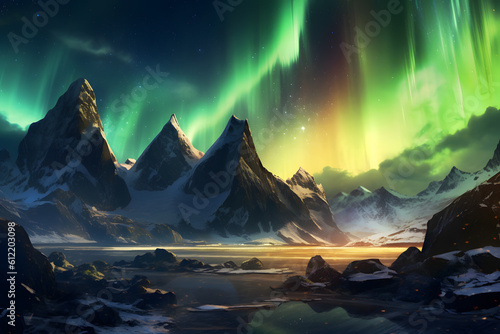 Enchanting Northern Lights Illuminating the Snow-Capped Peaks - Generative AI