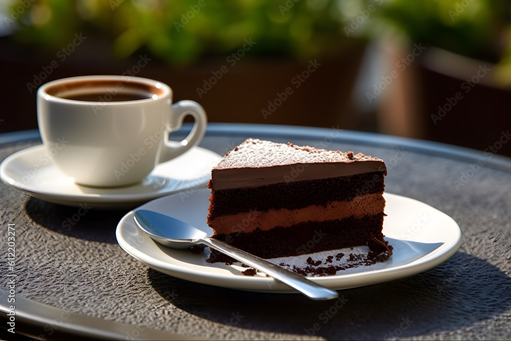 Tempting Chocolate Cake at an Outdoor Cafe - Generative AI Tempting Chocolate Cake at an Outdoor Cafe - Generative AI