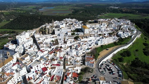 Aerial view above the beautiful vilage of Vejer de la Frontera in Andalusia Spain	 photo