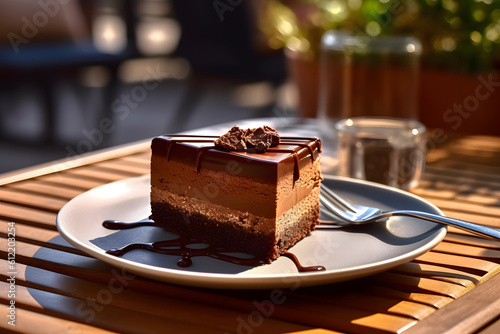 Tempting Chocolate Cake at an Outdoor Cafe - Generative AI