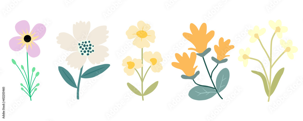 Set of hand drawn Flowers vector. Colorful trendy illustration. Perfect for posters, instagram posts, stickers.