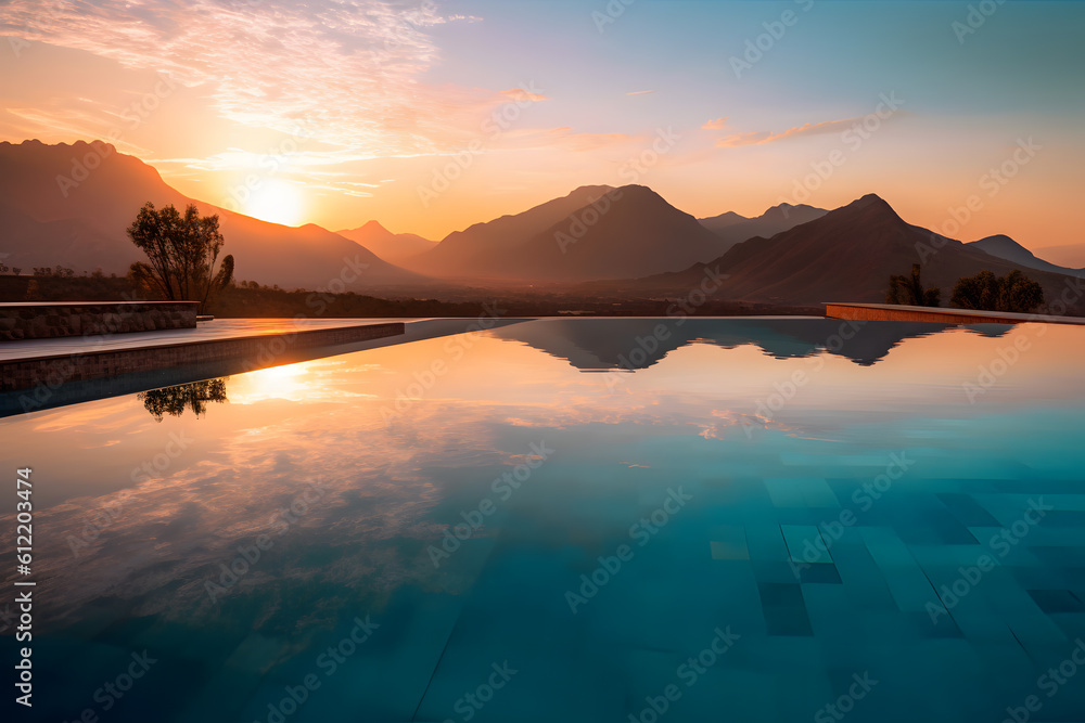 Luxurious Sunset Infinity Pool with Mountain View - Generative AI