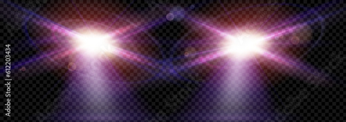 Realistic car headlights shining bright on transparent background. Vector illustration of auto headlamps illuminating dark road, led or xenon lights glowing in night fog. Vehicle design elements