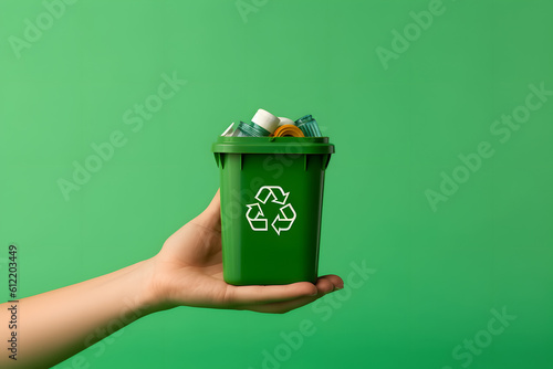 Recycling Concept: Hand Holding Green Trash Bin - Generative AI