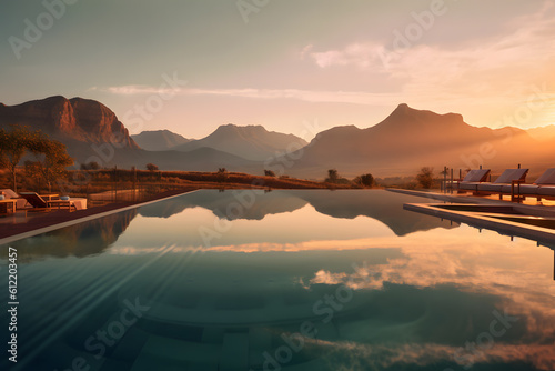 Serene Mountain Sunrise at the Infinity Pool - Generative AI