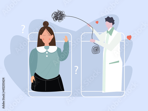 Online consultation with psychotherapist by phone concept, girl with depression and a mental disorders. Woman has a conversation with psychoanalyst. Vector illustration.