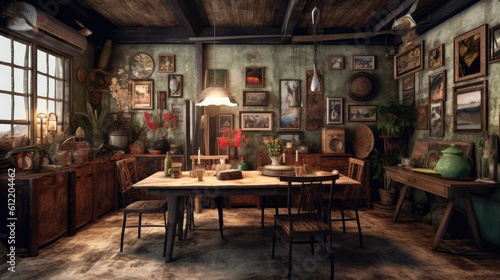 6 empty frames, a wooden dining table, and a wooden cupboard decorate this rustic space. Generative AI