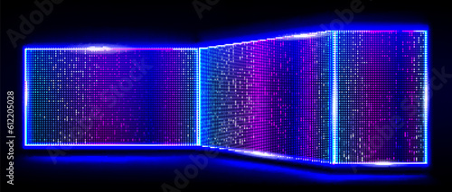 Led light screen concert or show background. Board wall stage with monitor glow tv pixel texture pattern. Digital television technology lcd projection studio for cinema or disco club performance.
